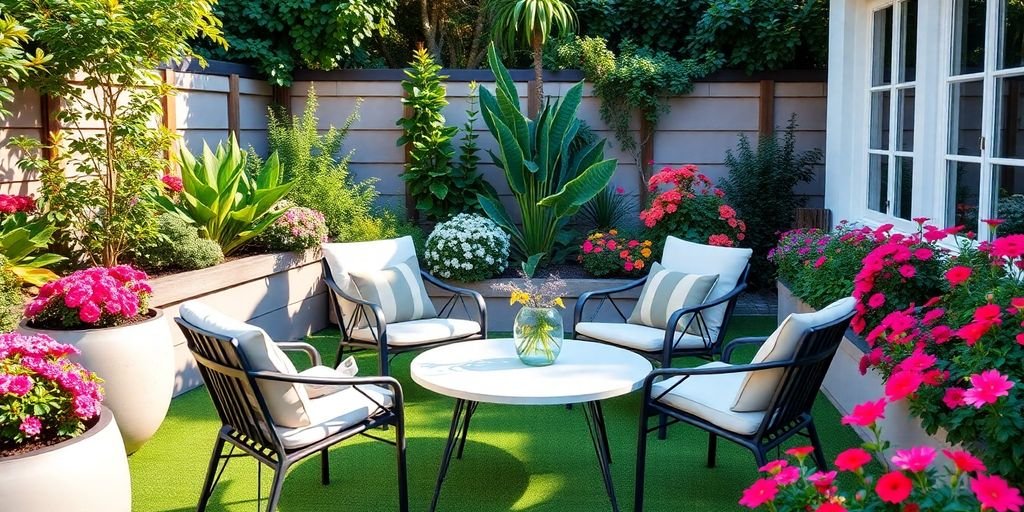 Mobilier extérieur moderne dans un jardin coloré.