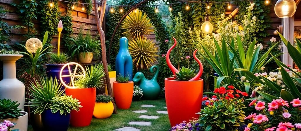 Jardin vibrant avec décorations innovantes et plantes colorées.