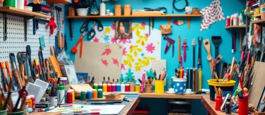 Espace de bricolage avec outils et matériaux colorés.