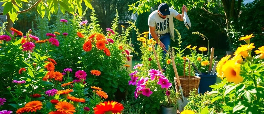 Un jardin coloré avec des fleurs et des outils de jardinage.