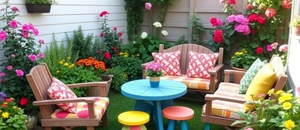 Mobilier de jardin DIY coloré et créatif dans un espace.